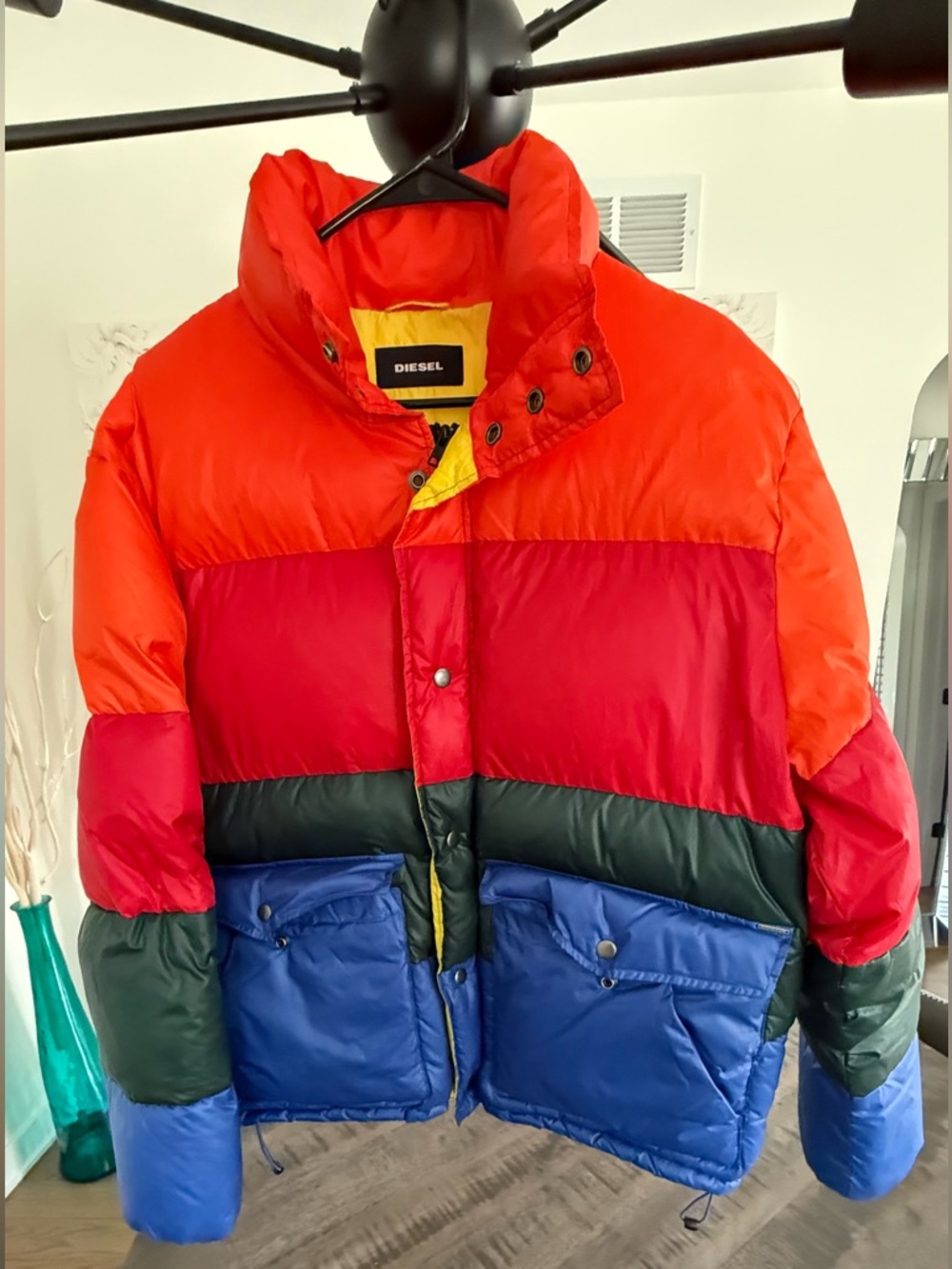 Diesel Colorblock Puffer Jacket in Red, Orange, Blue, Green